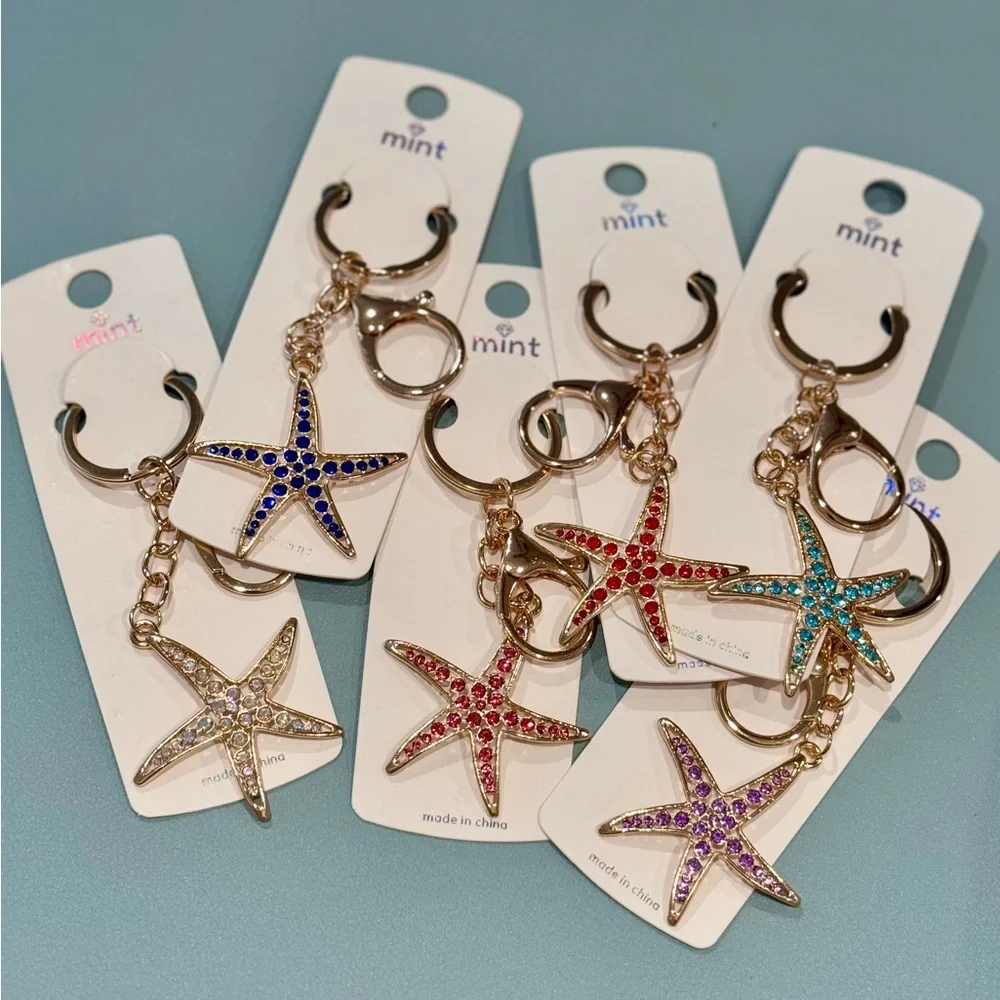 BAG CHARM Mint Starfish Keychain Sparkly Crystal Sea Star Iridescent & Gold